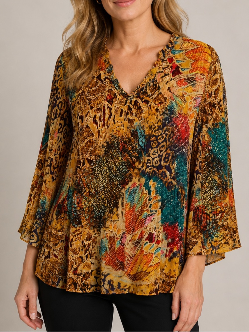 Chloe + Rene Abstract Animal Print V-Neck Tunic Blouse XL Art to Wear Boho